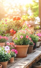 Colorful potted flowers on wooden table in sunny garden