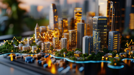 detailed 3D city model showcasing illuminated buildings, greenery, and dynamic skyline with glowing graph overlay, representing urban growth and development
