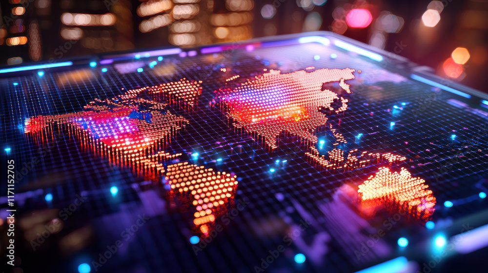 Aufkleber vibrant 3d digital world map illuminated with colorful lights, showcasing global connections and tra