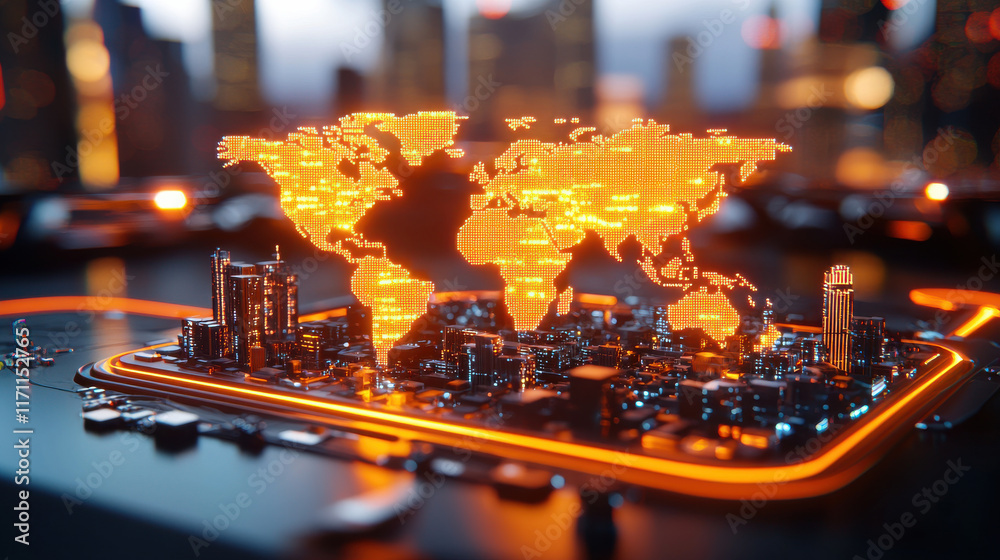 Poster 3d digital world map with illuminated trade routes and futuristic cityscape, showcasing global conne
