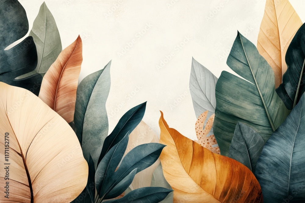 Poster a simple and colorful drawing of a jungle canopy with layers of green leaves and abstract wildlife s