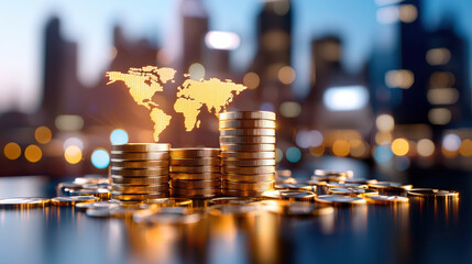 Digital world map with highlighted trade routes over stacks of coins, symbolizing global finance and investment opportunities in modern city backdrop