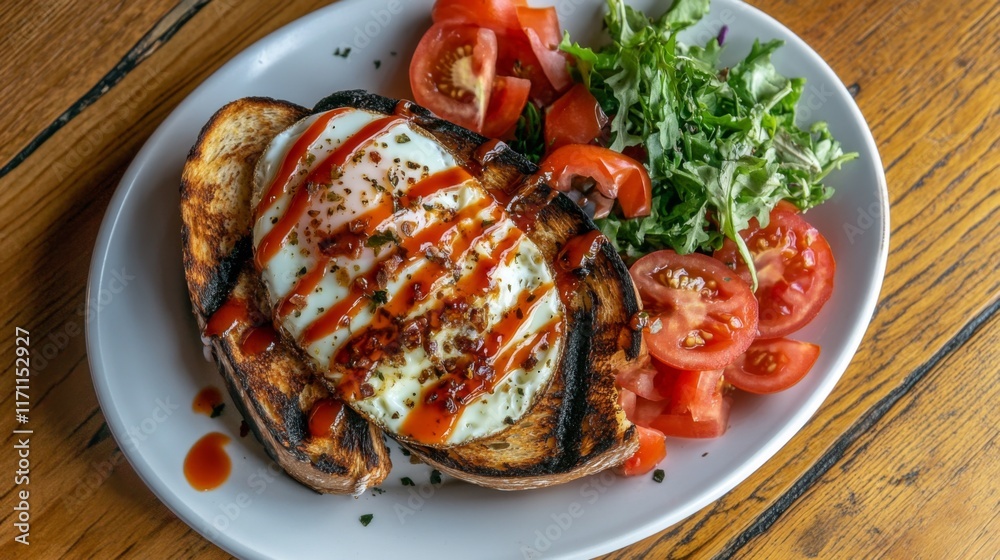 Poster A top-down view of a breakfast plate with a fried egg on toast, drizzled with hot sauce, accompanied by sliced tomatoes and fresh greens for a healthy touch.