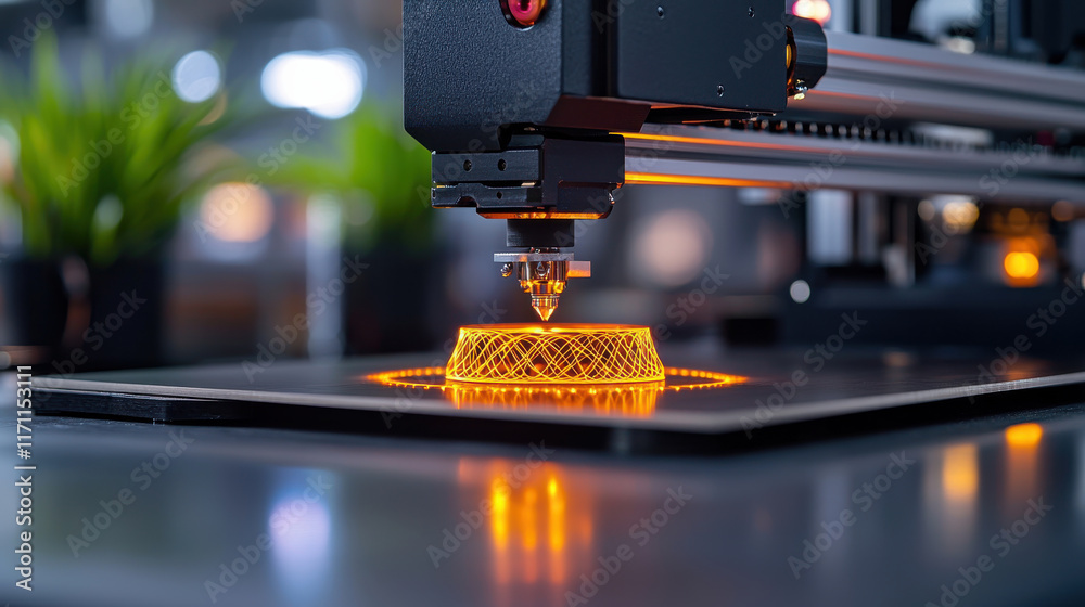 Poster 3D printer creating intricate design with glowing orange filament, showcasing advanced technology and precision in manufacturing. scene is set in modern workspace