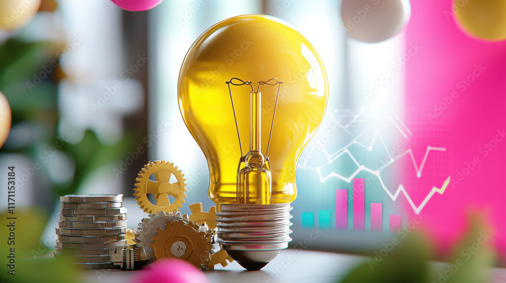 Fototapete innovative lightbulb symbolizing creativity and progress, surrounded by gears and coins, representin