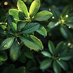 Ethereal Morning Dew Illuminating Fresh Green Leaves under Sunlight Sparkles