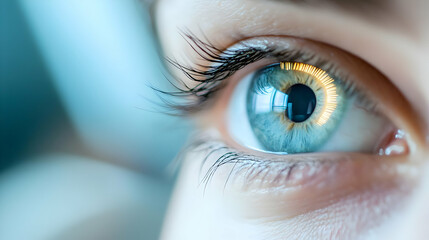 Close-up of a woman's eye, looking to the side, light reflection, healthcare, ophthalmology