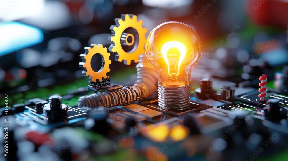 Fototapete 3D rendering of light bulb symbolizing innovation, surrounded by gears and circuit elements, representing technology and startup ideas