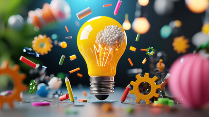 vibrant light bulb surrounded by colorful creative elements symbolizes innovation and ideas. This dynamic scene captures essence of brainstorming and creativity in playful manner