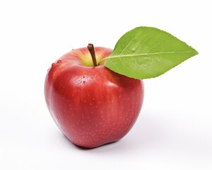 Ripe Red Apple with Leaf Isolated on White Background - Healthy Organic Fruit Snack