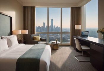 A luxurious hotel room that features a stunning view of the city skyline