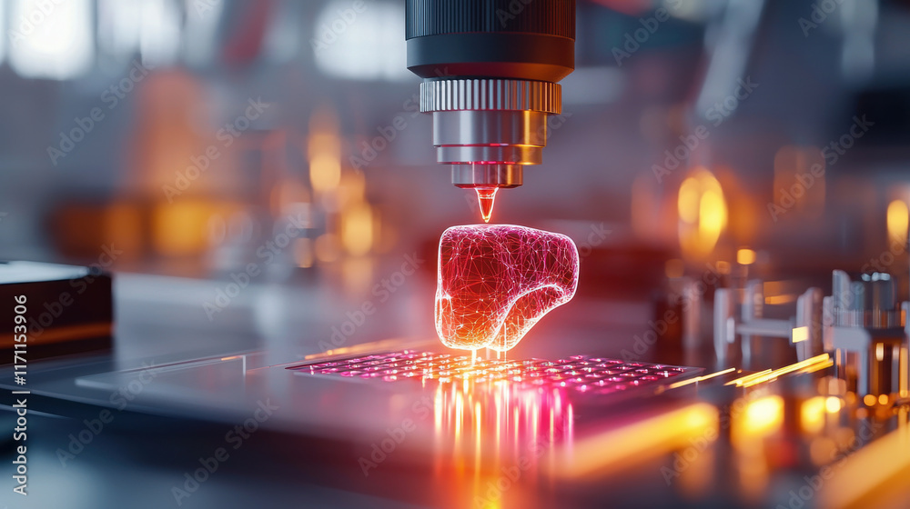 Poster 3d printed organ being tested in cutting edge biomedical lab, showcasing advanced technology and inn