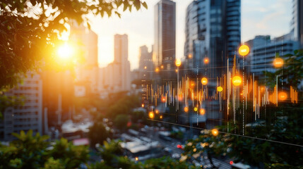 vibrant urban cityscape at sunset, featuring digital sound waves overlaying skyline, creating dynamic blend of nature and technology