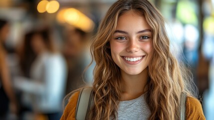 Bright smile of a young girl in a vibrant urban setting with a blurred background filled with people engaging in various activities