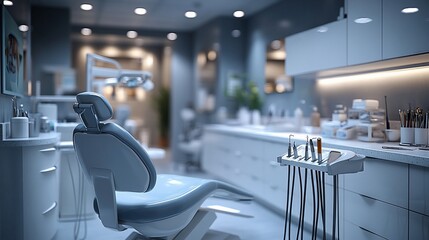 Modern dental office interior, empty chair, evening lighting, clean