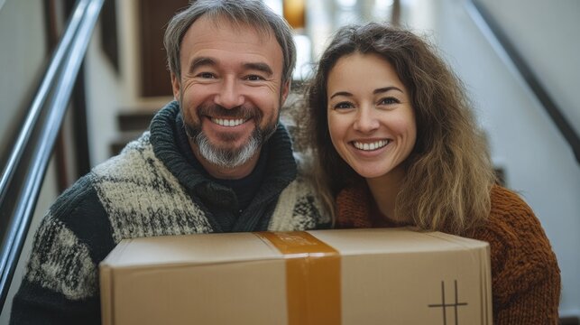 Couple smiling with delivery box in cozy home setting during winter season