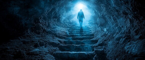 Person ascending stone steps in dark cave towards light.