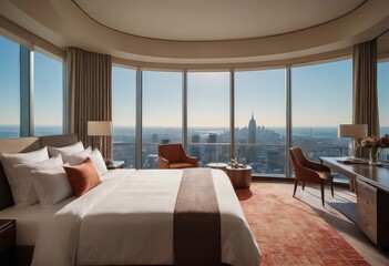 A hotel room equipped with a king size bed and stunning view of the city skyline