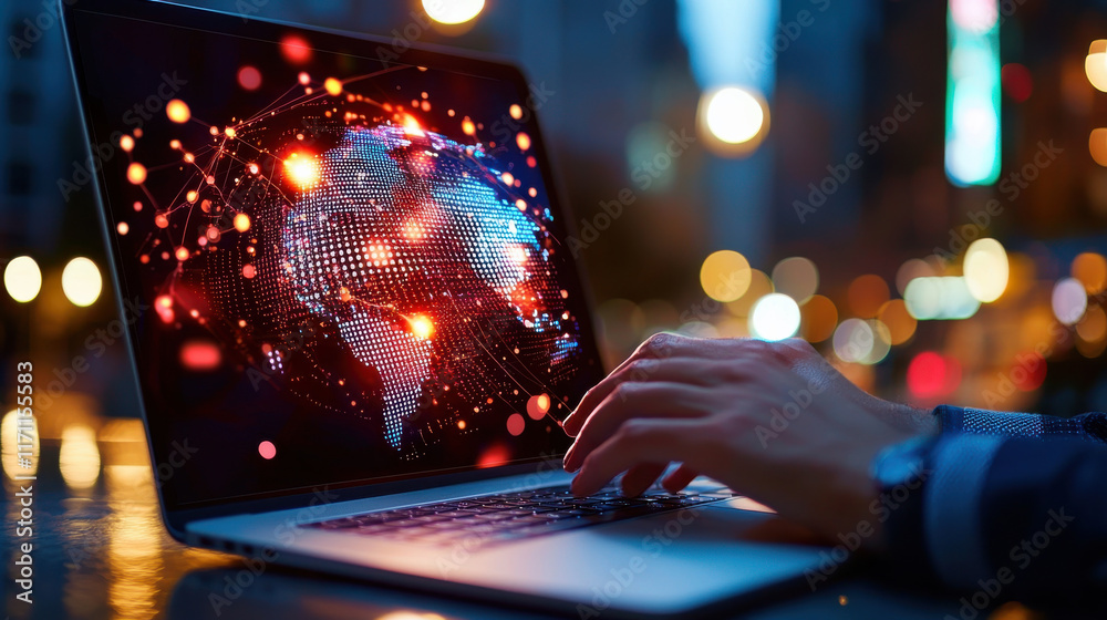 Poster business professional analyzing global trade data on laptop, showcasing digital world map with glowi