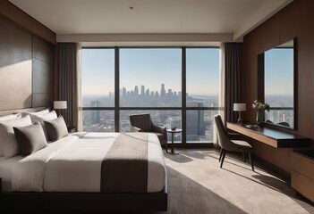 A hotel room equipped with a king size bed and stunning view of the city skyline