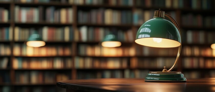Antique green lamp on wooden table in a library.
