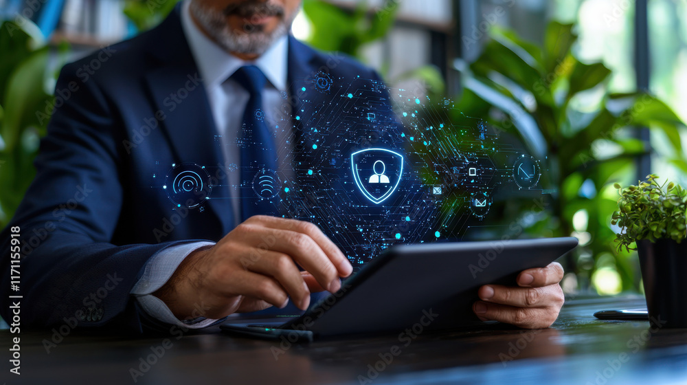 Leinwandbilder business professional using tablet to monitor data and security features in modern office environmen
