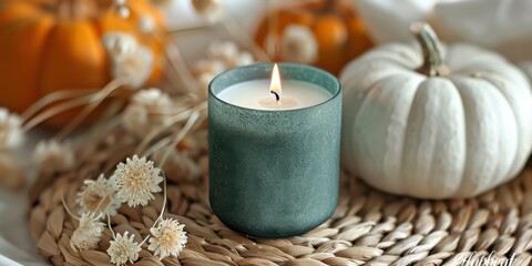 Cozy autumn setting featuring a candle and decorative pumpkins on a woven mat indoors