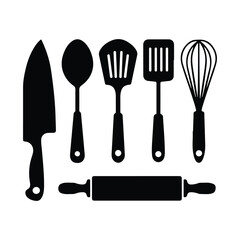 Fototapeta premium Stylish Kitchen Utensils Wall Mount Silhouette white background