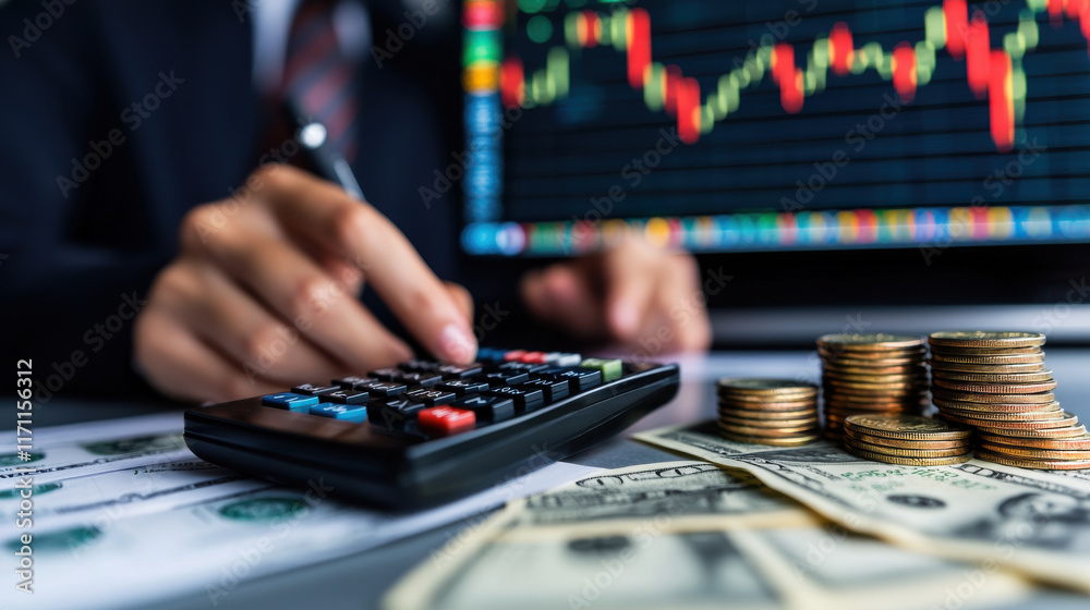 Poster businessperson using calculator to analyze financial data with stacks of coins and banknotes on table, reflecting serious approach to finance