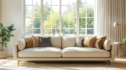 Minimalist Boho Living Room Design with Beige Fabric Sofa and Large Window for Brightness