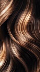 Fototapeta premium Captivating waves of shiny brunette hair with golden highlights reflecting natural light in a serene setting