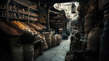 A dark, atmospheric alleyway lined with spice stalls, filled with jars, bags, and various goods.
