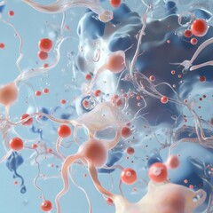 Fototapeta premium Abstract 3D render of microscopic bacteria, and human cells on blue background
