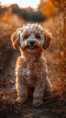 Fototapeta premium Happy apricot toy poodle puppy sitting outdoors in autumn.