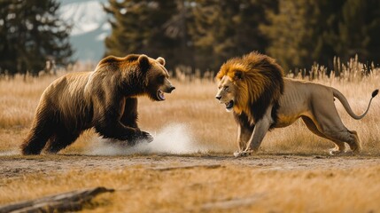 Fototapeta premium Encounter between a brown bear and a lion captured in a natural landscape with greenery and mountain backdrop during the golden hour