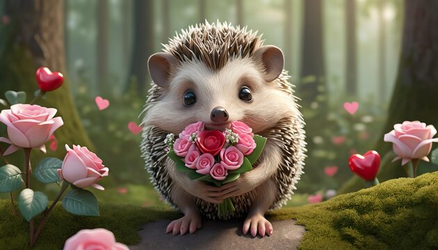 Adorable hedgehog holding pink roses in a forest, surrounded by hearts.