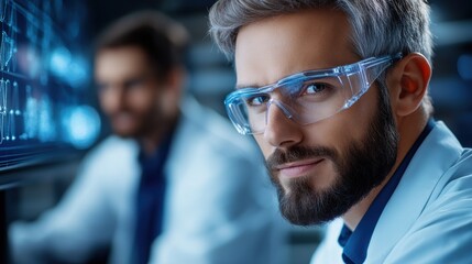 Scientist working in a high-tech laboratory during the day, analyzing data and collaborating on innovative research projects with a colleague focused on advanced technology