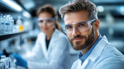 Scientists conduct research in a modern laboratory setting while wearing safety gear and focusing on their experiments in the late afternoon