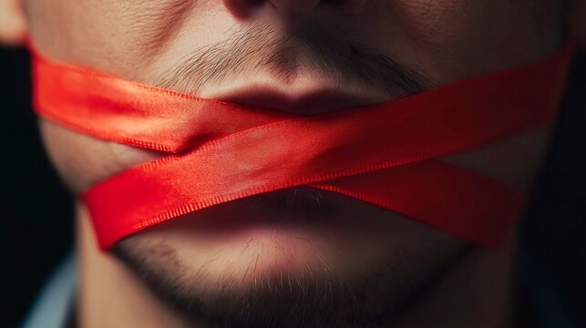 The man's mouth is covered with red tape