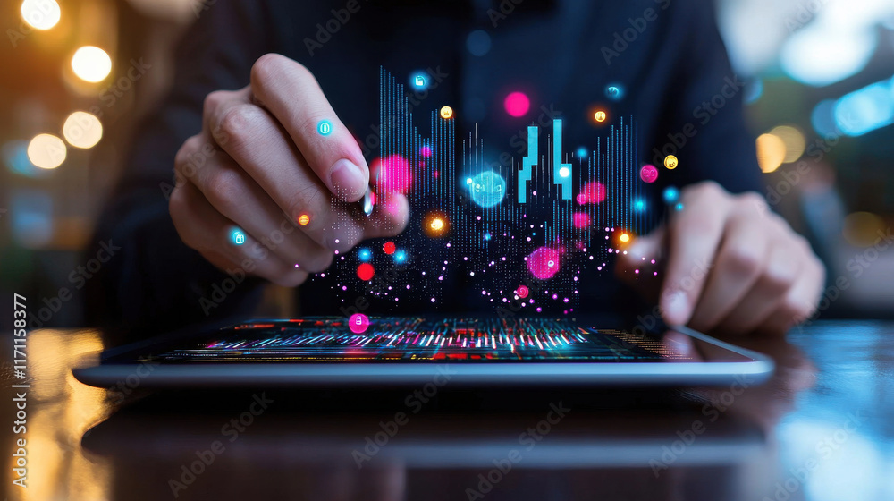 Poster market researcher analyzing data on tablet, visualizing information with colorful graphs and charts. scene captures essence of data analysis and technology