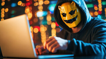 person wearing yellow mask and hoodie is using laptop in dimly lit environment with colorful lights in background, creating mysterious atmosphere