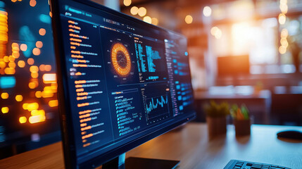 close up of high tech computer screen displaying data analytics and visualizations in modern office environment, showcasing advanced technology and vibrant colors