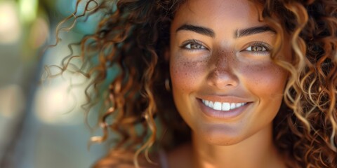 Fototapeta premium Smiling woman with curly hair enjoying a sunny day outdoors in a lush garden environment surrounded by greenery