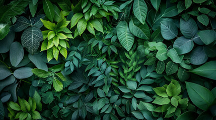 Fototapeta premium Close-up view of various green leaves showcasing diverse textures and shades in nature