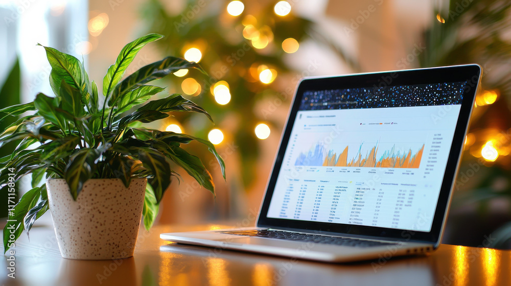 Leinwandbilder close up of laptop displaying analytics tool, surrounded by greenery and warm lights, creating cozy 
