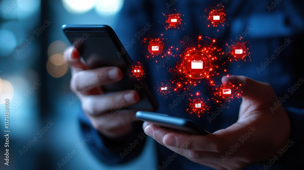 Poster close up of smartphone screen displaying cybersecurity icons, illustrating data protection and digital security. glowing red graphics emphasize importance of safeguarding information