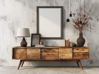 Rustic Home Decor: Empty Poster Frame in Modern Living Room with Wooden Dresser