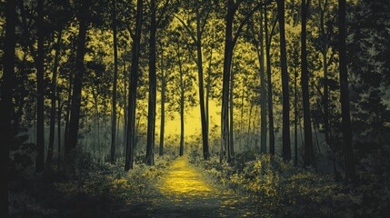 Obraz premium Golden Path Through a Dark Forest of Tall Trees