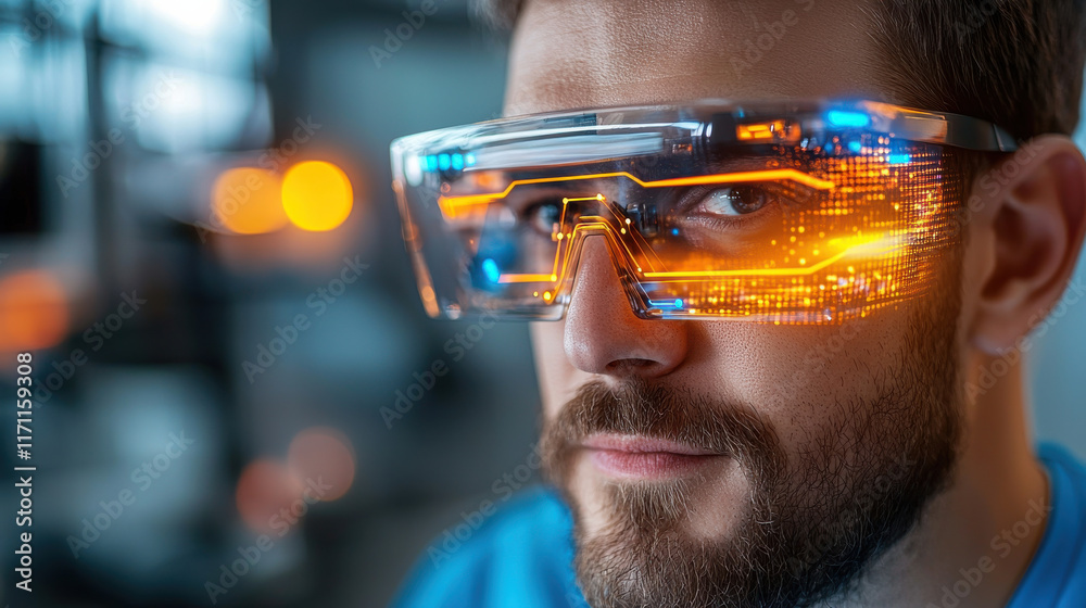 Poster close up of man wearing futuristic wearable device with glowing digital elements. innovative technol