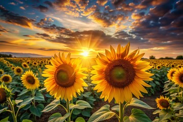Obraz premium Sunset Sunflower Field: Vibrant Golden Petals Glow at Dusk